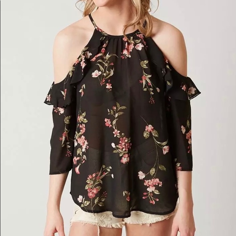 Buckle Brand Jolt Cold Shoulder Chiffon Floral 3/4 Sleeve Women’s Top Size Large